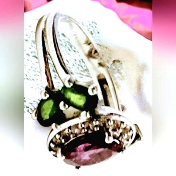 STERLING SILVER RING RASPBERRY Rhodolite Chrome Diopside & Zircon Rhodium SZ 6 - Picture 1 of 11